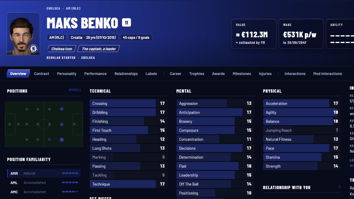 The AI Interactions app open on a player profile: Maks Benko, Chelsea captain, with his labels and attributes.